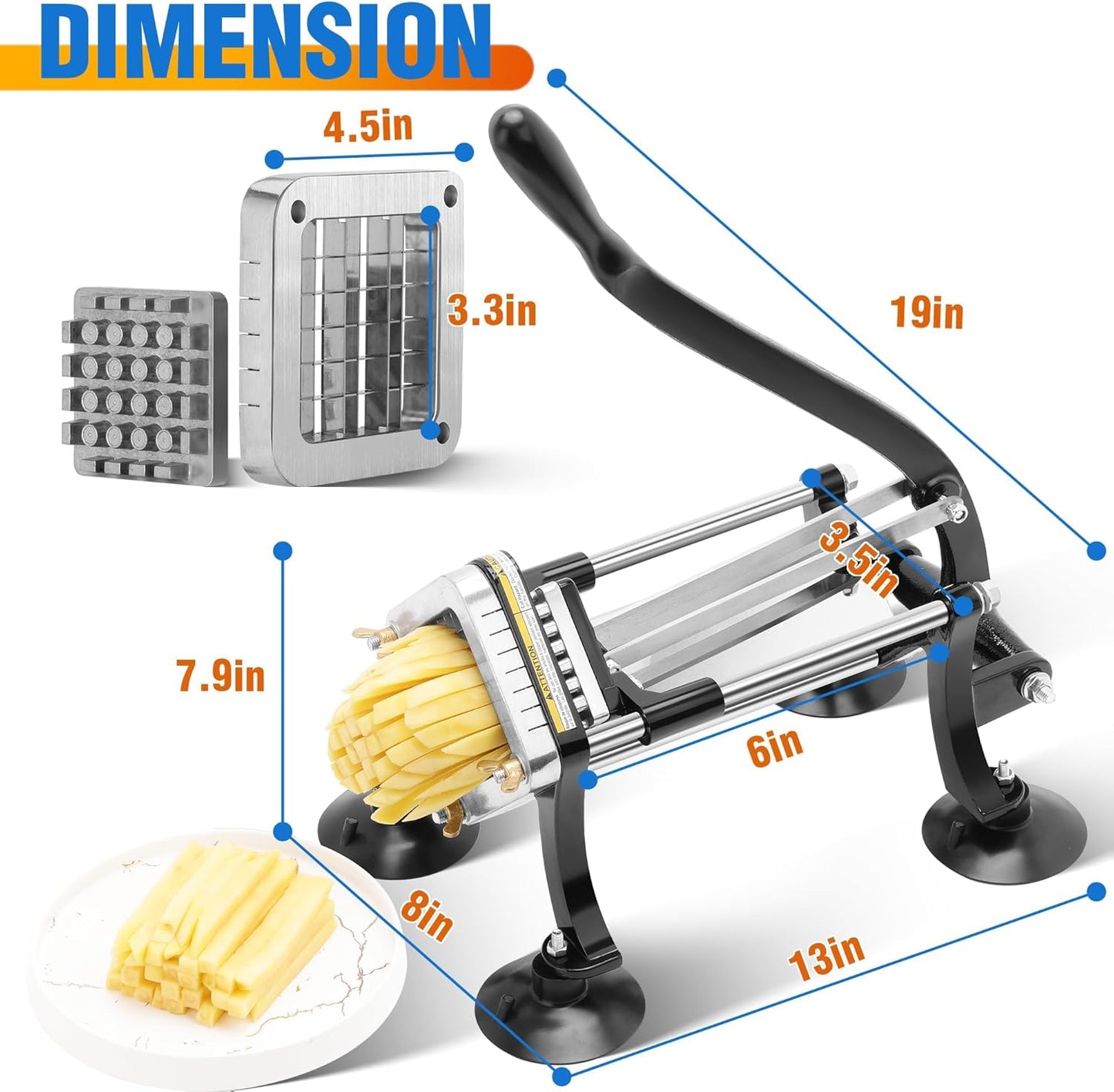 French Fry Cutter for Potatoes, Stainless Steel Potato Cutter for Fries with 1/2", 3/8", 1/4" Replaceable Blades, Glove, and Brush