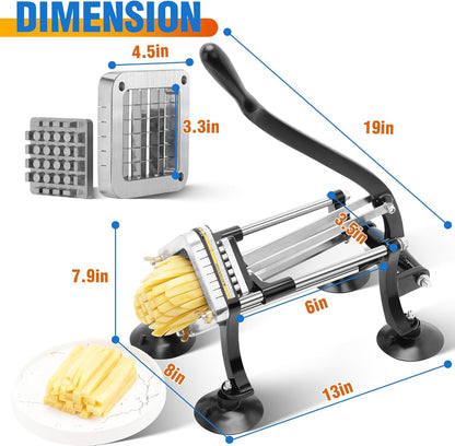 French Fry Cutter for Potatoes, Stainless Steel Potato Cutter for Fries with 1/2", 3/8", 1/4" Replaceable Blades, Glove, and Brush