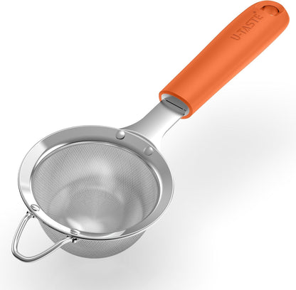 U-Taste Medium Fine Mesh Strainer: 18/8 Stainless Steel 4.73in 30 Mesh Kitchen Food Sieve with Sturdy Riveted Silicone Handle, Heavy Duty Deep Handheld Metal Colander for Rice, Quinoa, Flour (Black)