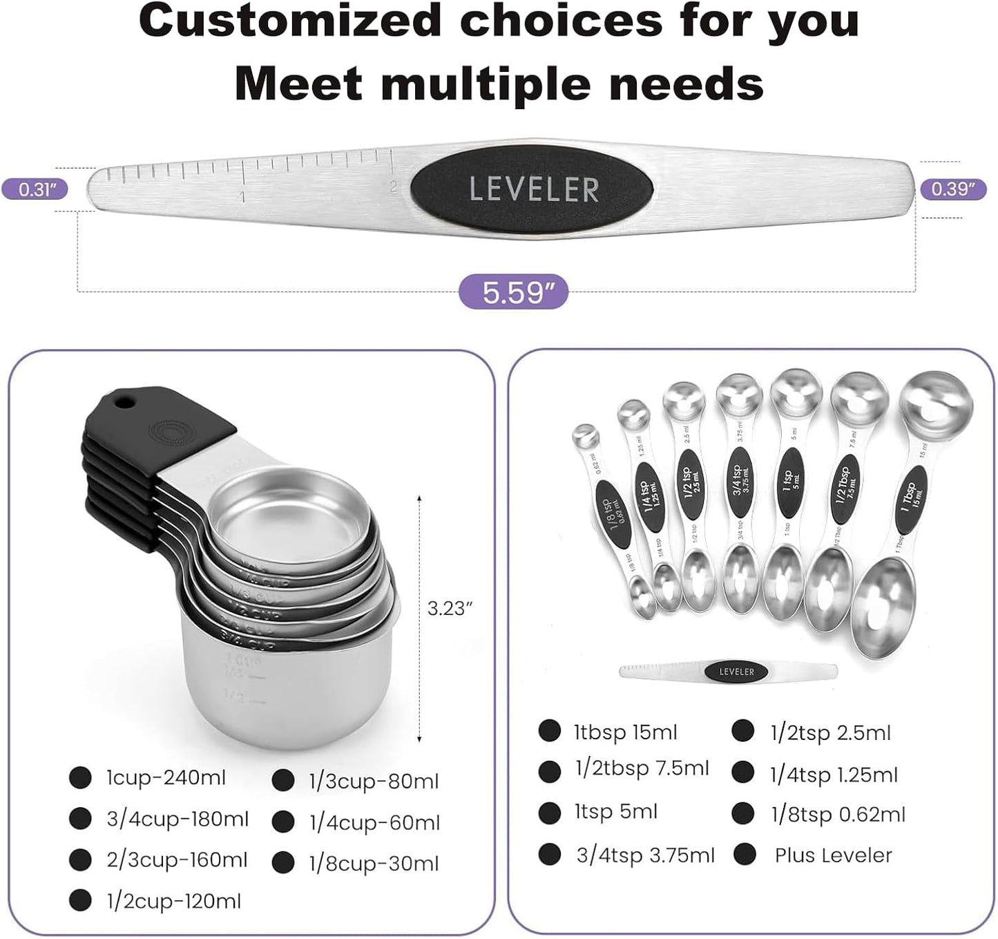 Magnetic Measuring Cups and Spoons Set, N52 Magnetic Nesting Design magnetic spoons, 304 Stainless Steel measuring cups, Dual-sided Design Set of 15 with Leveler for Dry & Liquid Ingredients Black