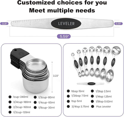 Magnetic Measuring Cups and Spoons Set, N52 Magnetic Nesting Design magnetic spoons, 304 Stainless Steel measuring cups, Dual-sided Design Set of 15 with Leveler for Dry & Liquid Ingredients Black