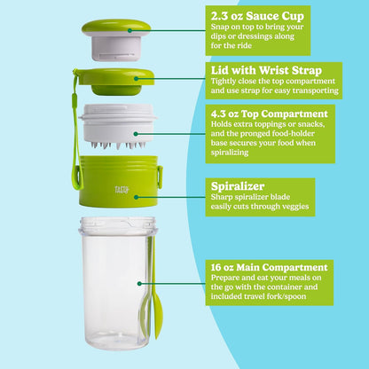 Tasty 2-in-1 Vegetable Spiralizer and Salad Container, Travel Fork Included, Dishwasher Safe, Multiple Compartments, Green