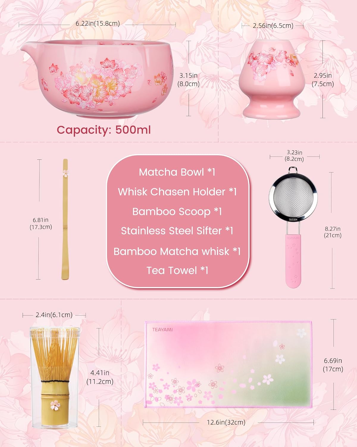 Matcha Whisk Set, 6pcs Matcha Kit Includes Large Matcha Bowl, Bamboo Whisk & Scoop with Cute Charm, Chasen Holder, Innovative Sifter, Tea Mat for Japanese Tea Ceremony-Floral Pattern