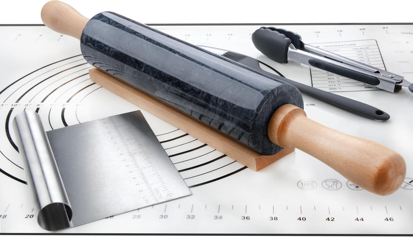 Marble Rolling Pin with Wooden Cradle Thick Handle Set for Baking,18.5 inch Premium Quality Polished Roller for Pizza Dough,Fondant,Pie Crust,Non-Stick Surface Easy to Clean(White)