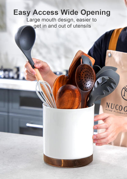 Nucookery 360°Rotating Utensil Holder, 7.2" Large Utensil Crock Countertop, Black Ceramic Cooking Utensil Organizer,Spatula Spoon Holder,Farmhouse Kitchen Decor Christmas Gift (Stone Black)