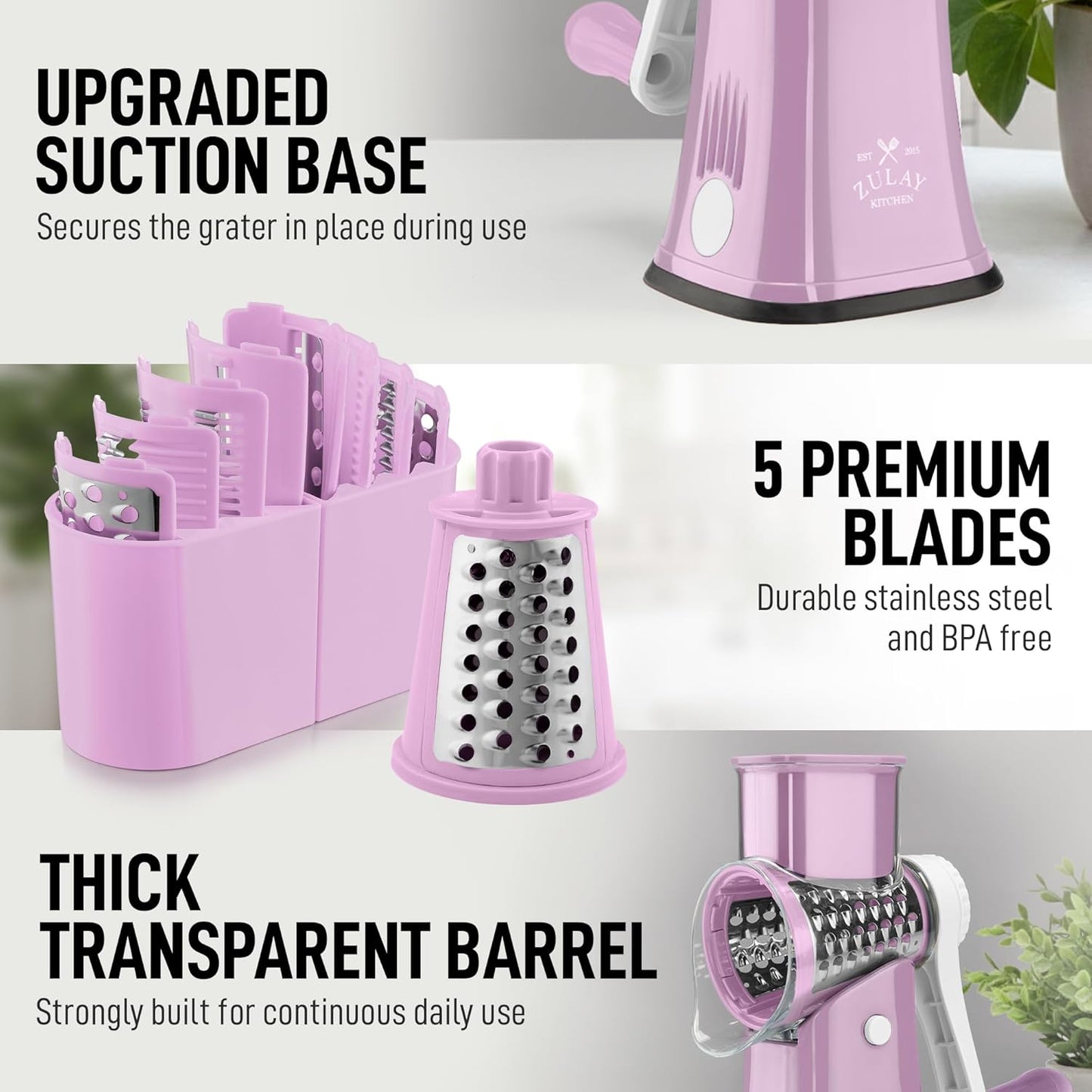Zulay Kitchen Rotary Cheese Grater 5 Blade Cheese Shredder - Manual Hand Crank Cheese Grater With Reinforced Suction & 5 Interchangeable Drums - Easy to Use, Vegetable Chopper Round Mandoline Slicer - Colors B