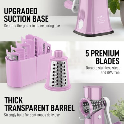 Zulay Kitchen Rotary Cheese Grater 5 Blade Cheese Shredder - Manual Hand Crank Cheese Grater With Reinforced Suction & 5 Interchangeable Drums - Easy to Use, Vegetable Chopper Round Mandoline Slicer - Colors B