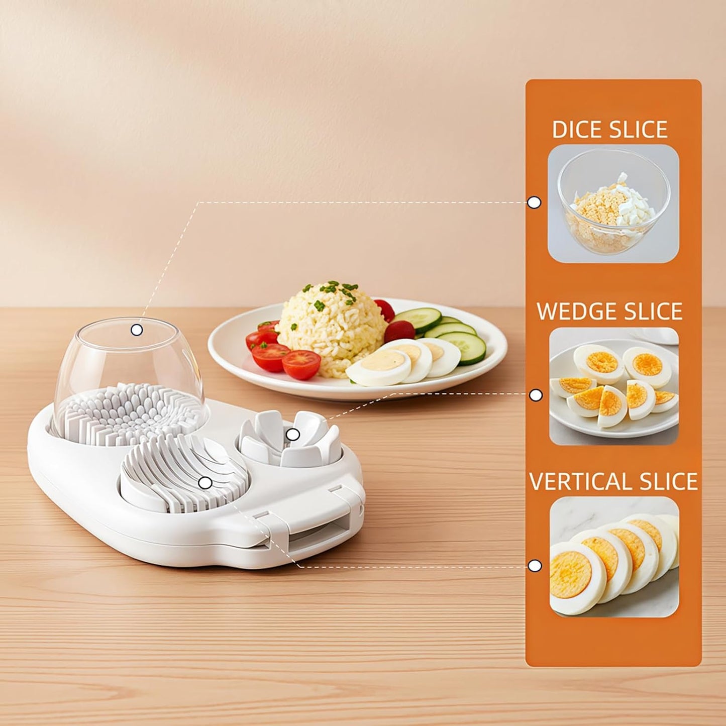 3-in-1 Egg Slicer for Hard Boiled Eggs – Stainless Steel Dicer & Cuber, 3 Slice Modes Kitchen Gadget for Strawberry, Cherry Tomato, Grape – Durable, Dishwasher Safe, BPA-Free (White)