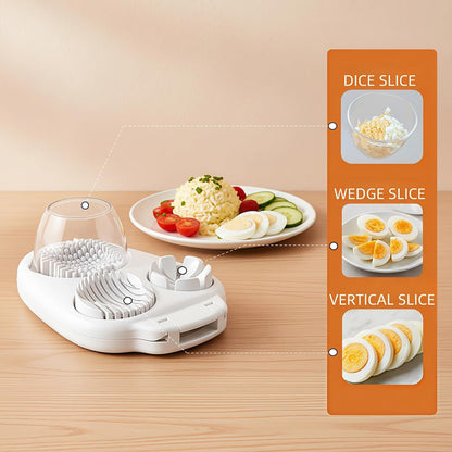 3-in-1 Egg Slicer for Hard Boiled Eggs – Stainless Steel Dicer & Cuber, 3 Slice Modes Kitchen Gadget for Strawberry, Cherry Tomato, Grape – Durable, Dishwasher Safe, BPA-Free (White)