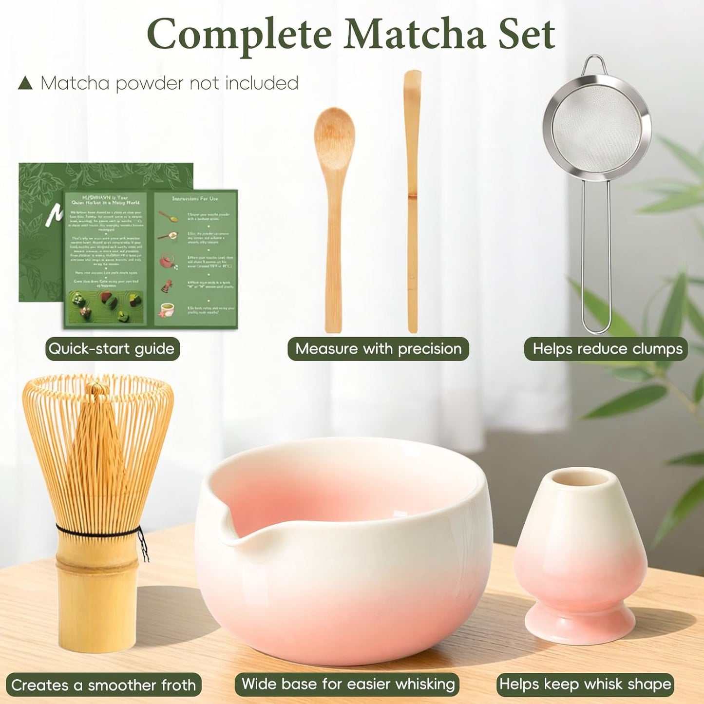 Matcha Whisk Set, Ceramic Matcha Set Includes Bowl & Holder, Bamboo Whisk (Chasen), Scoop, Spoon and Sifter, 6PCS Matcha Kit Covers Everything Needed for Making Matcha (Green)