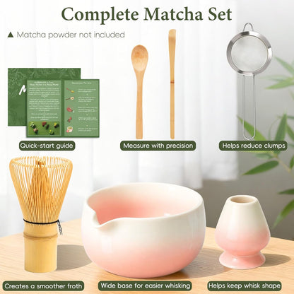 Matcha Whisk Set, Ceramic Matcha Set Includes Bowl & Holder, Bamboo Whisk (Chasen), Scoop, Spoon and Sifter, 6PCS Matcha Kit Covers Everything Needed for Making Matcha (Green)