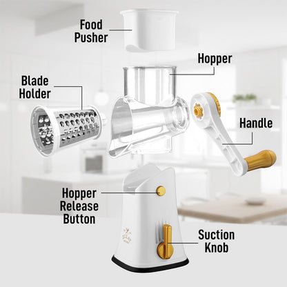 Zulay Kitchen Rotary Cheese Grater 5 Blade Cheese Shredder - Manual Hand Crank Cheese Grater With Reinforced Suction & 5 Interchangeable Drums - Easy to Use, Vegetable Chopper Round Mandoline Slicer - Colors A