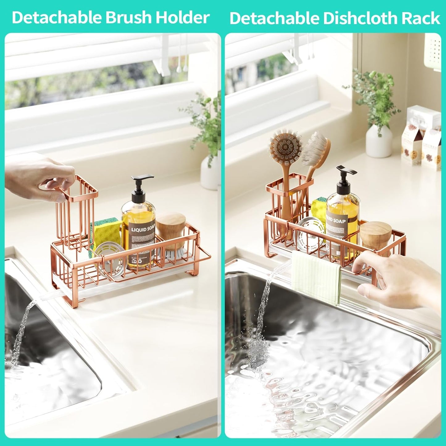 HapiRm Sponge Holder for Kitchen Sink - Self-draining Sink Caddy with Brush and Dishcloth Holders, Stainless Steel Kitchen Countertop Organizers and Storage Essentials - Black