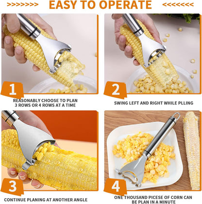 4PCS Magic Corn Cutter Peeler, Corn Stripper Cob Stripper Tool Premium Stainless Steel Corn Thresher Cob Remover Tool with Ergonomic Handle for Kitchen