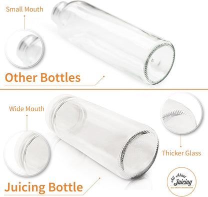 All About Juicing Clear Glass Water Bottles Set - 6 Pack Wide Mouth with Lids for Juice, Smoothies, Beverage Storage - 16 oz, Durable, Reusable, Dishwasher Safe, Leak Proof (Black Caps)