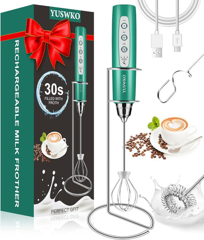 YUSWKO Black Handheld Milk Frother Wand for Coffee, Rechargeable Electric Whisk with 3 Heads 3 Speeds Drink Mixer Coffee Frother For Latte, Cappuccino, Hot Chocolate, Egg