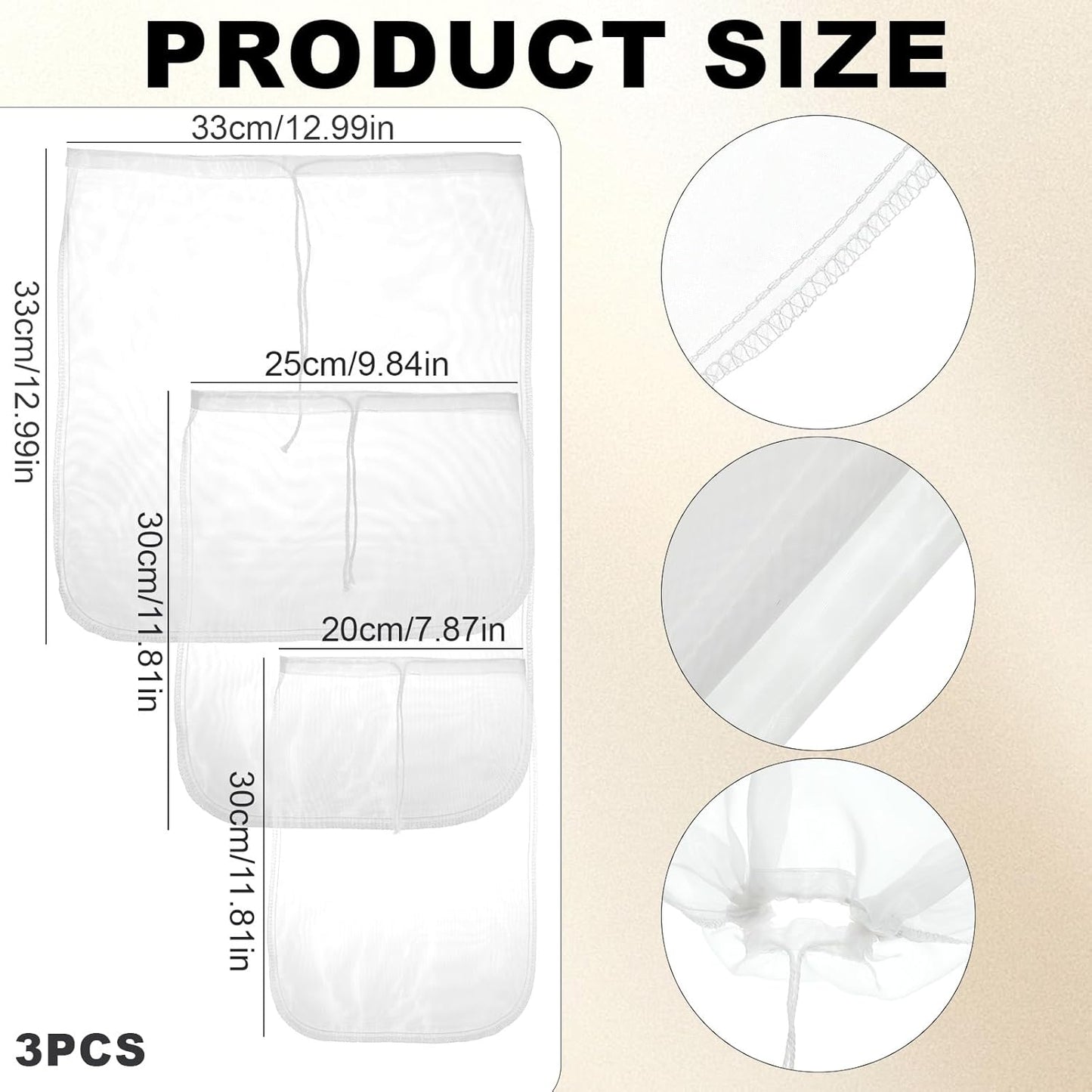 3Pcs Nut Milk Bag Reusable 80 Mesh Fine Nylon Juice Strainer Mesh Cheese Cloth Bag with Drawstring for Coffee,Yogurt,Soup,Purees,Juice(3Sizes)