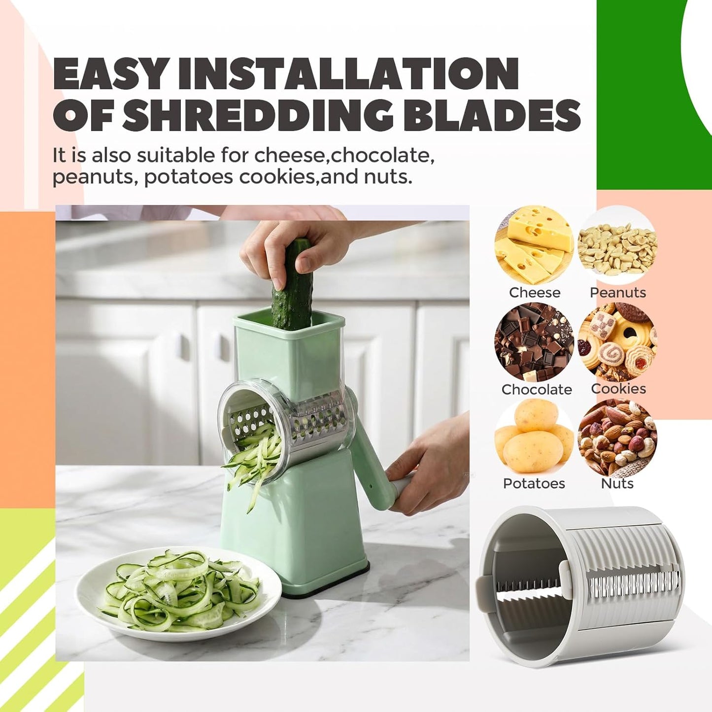 6-in-1 Multifunctional Rotary Cheese Grater with 11 Blades Dice Shred Slice Vegetable Chopper with Suction Base 360° Rotating Handle Safety Push Cup Multi Food Slicer Dicer for Kitchen(Green)