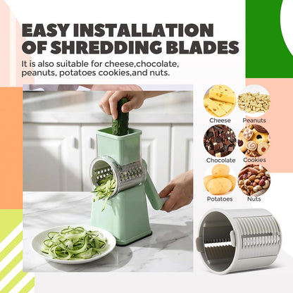 6-in-1 Multifunctional Rotary Cheese Grater with 11 Blades Dice Shred Slice Vegetable Chopper with Suction Base 360° Rotating Handle Safety Push Cup Multi Food Slicer Dicer for Kitchen(Green)