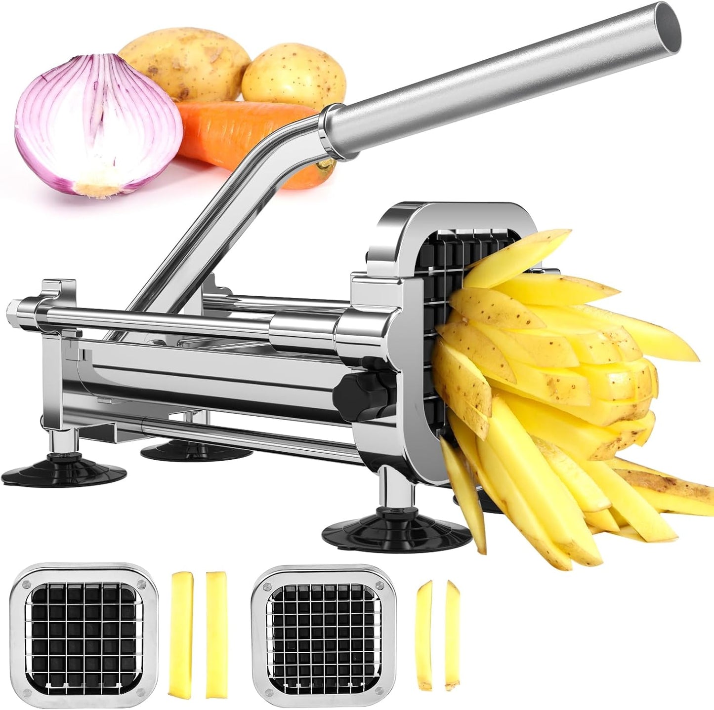 French Fry Cutter, Stainless Steel Potato Cutter with 1/2 Inch, 3/8 Inch and 1/4 Inch Blades (Manual Cutter, 1/2 '' & 3/8 '' & 1/4 '' Blade)