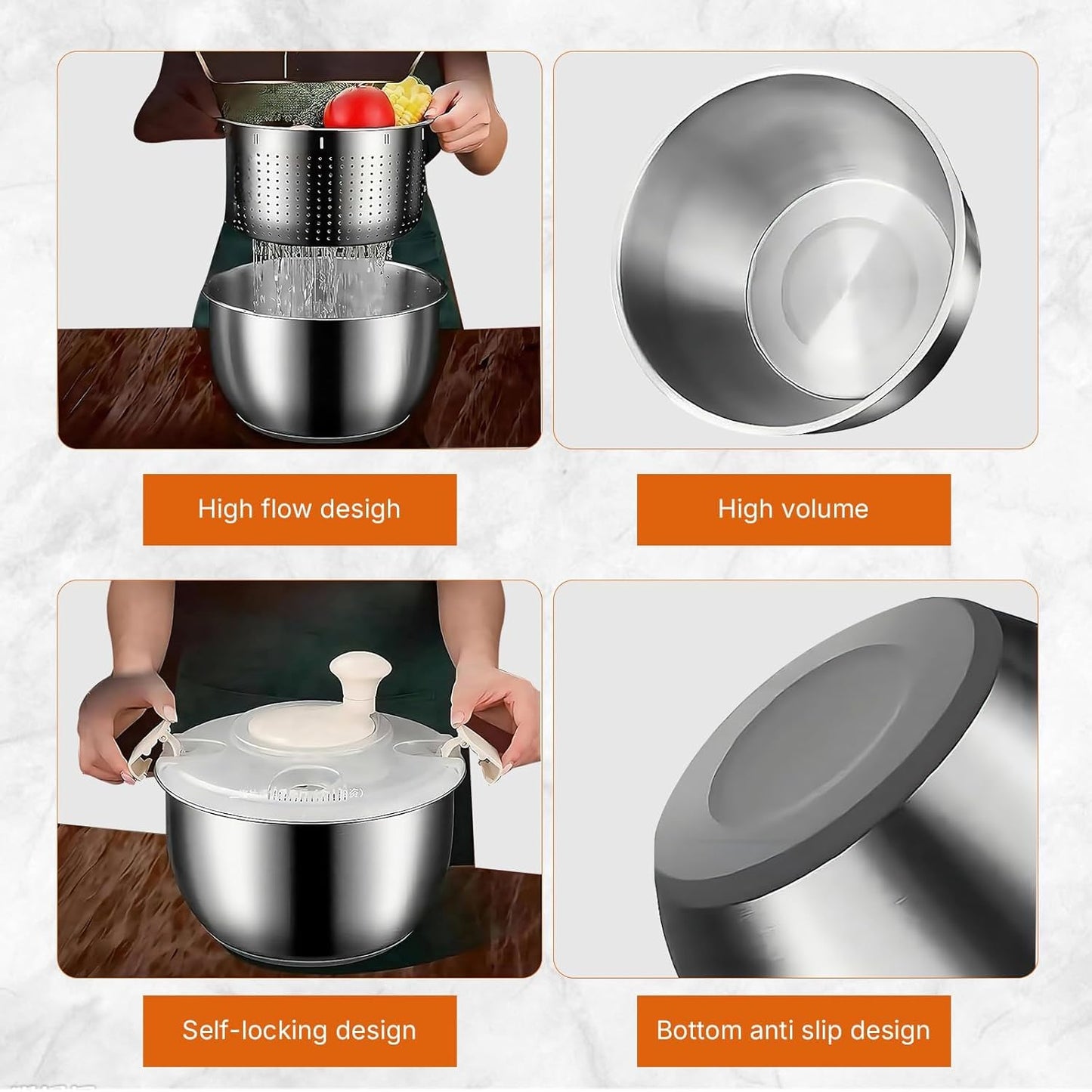 Stainless Steel Salad Spinner, 6L Multi-Use Lettuce Spinner with PP Lid, Large Vegetable Washer with Non-Slip Base, Fruit Washer，Vegetable Dryer