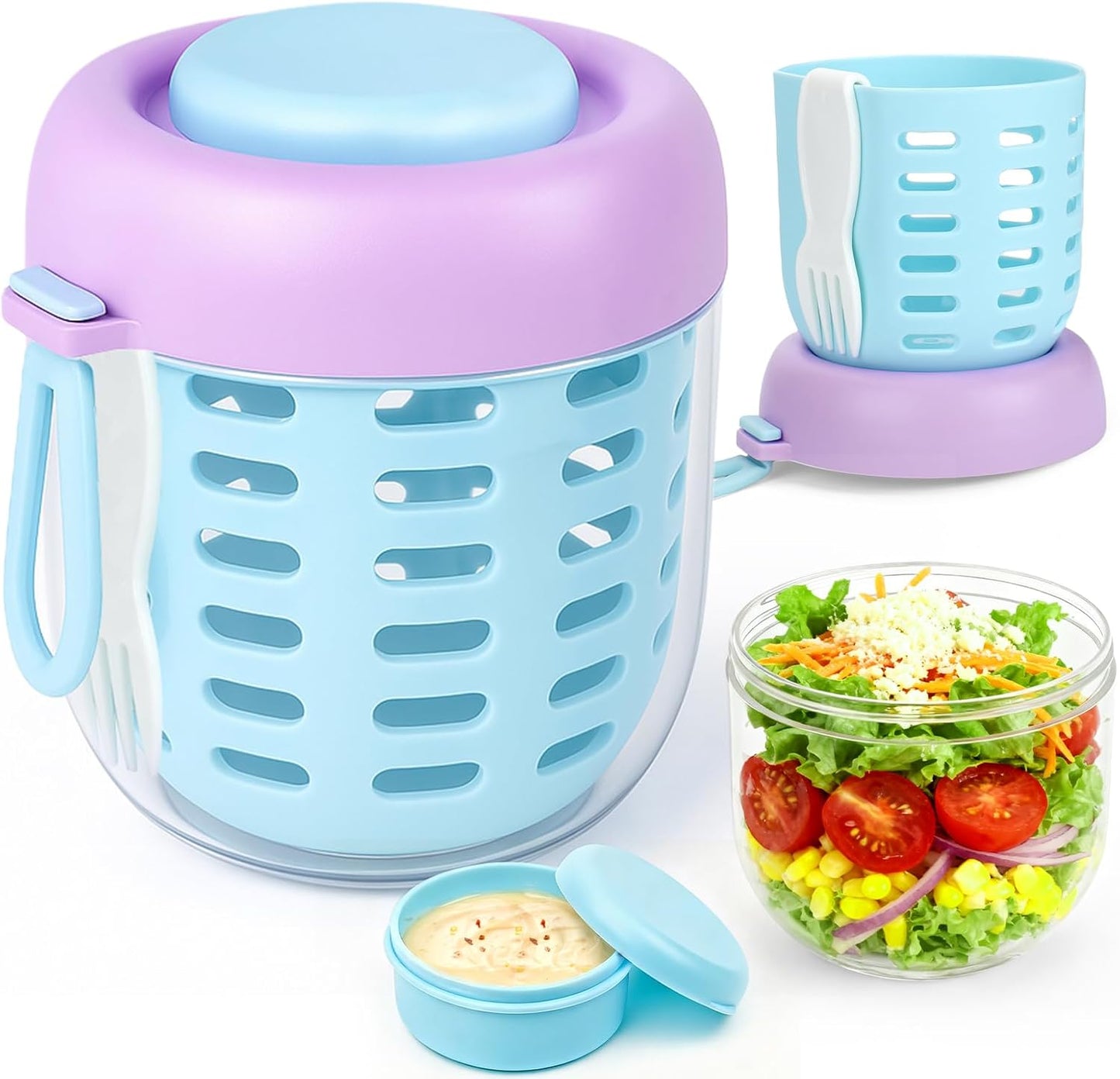 Mity rain Salad Pod with Dressing Container, Salad Jar with Inner Layer & Spoon, Salads Jars Pods with Lids, Microwave/Dishwasher/Freezer Safe Ideal for Meal Prep Office Home Travel