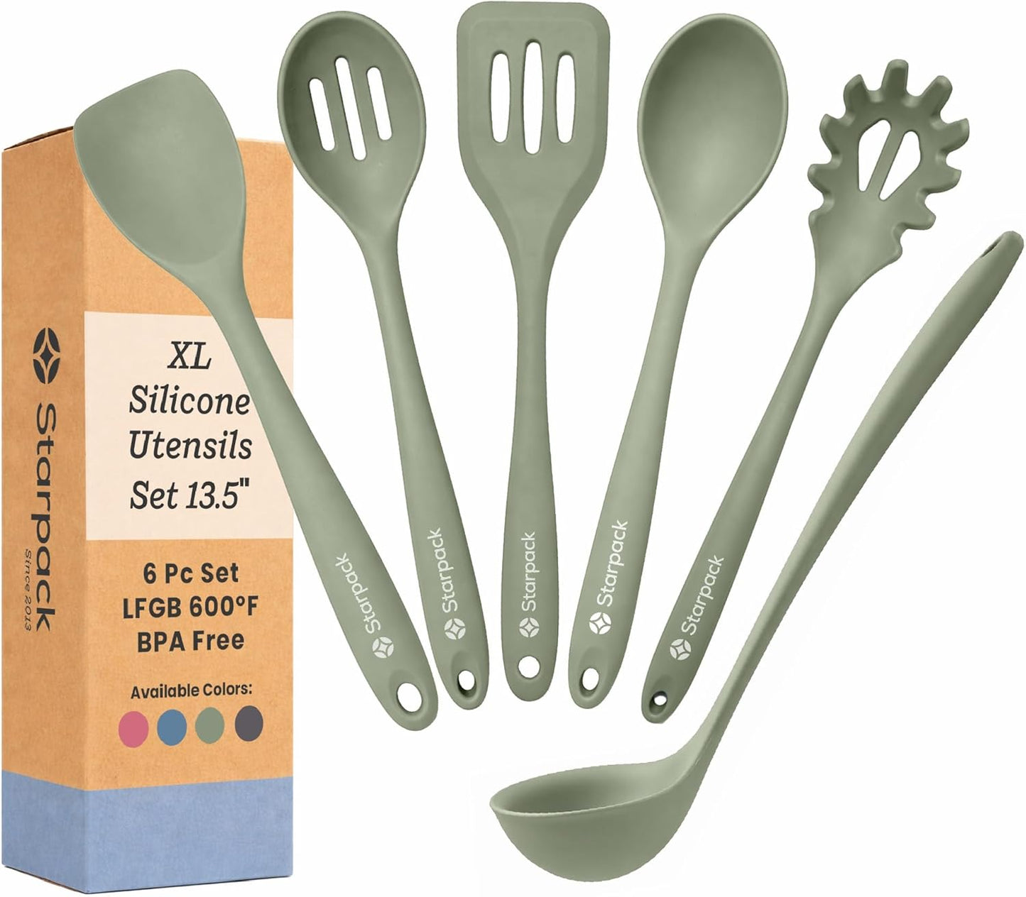 Starpack Like a Boss XL Silicone Cooking Utensils Set (6-Piece, 13.5") - LFGB Certified, 600°F Heat Resistant, BPA-Free - Heavy-Duty Steel Core, Dishwasher Safe - for Nonstick Cookware, Sage Green