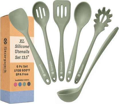 Starpack Like a Boss XL Silicone Cooking Utensils Set (6-Piece, 13.5") - LFGB Certified, 600°F Heat Resistant, BPA-Free - Heavy-Duty Steel Core, Dishwasher Safe - for Nonstick Cookware, Sage Green