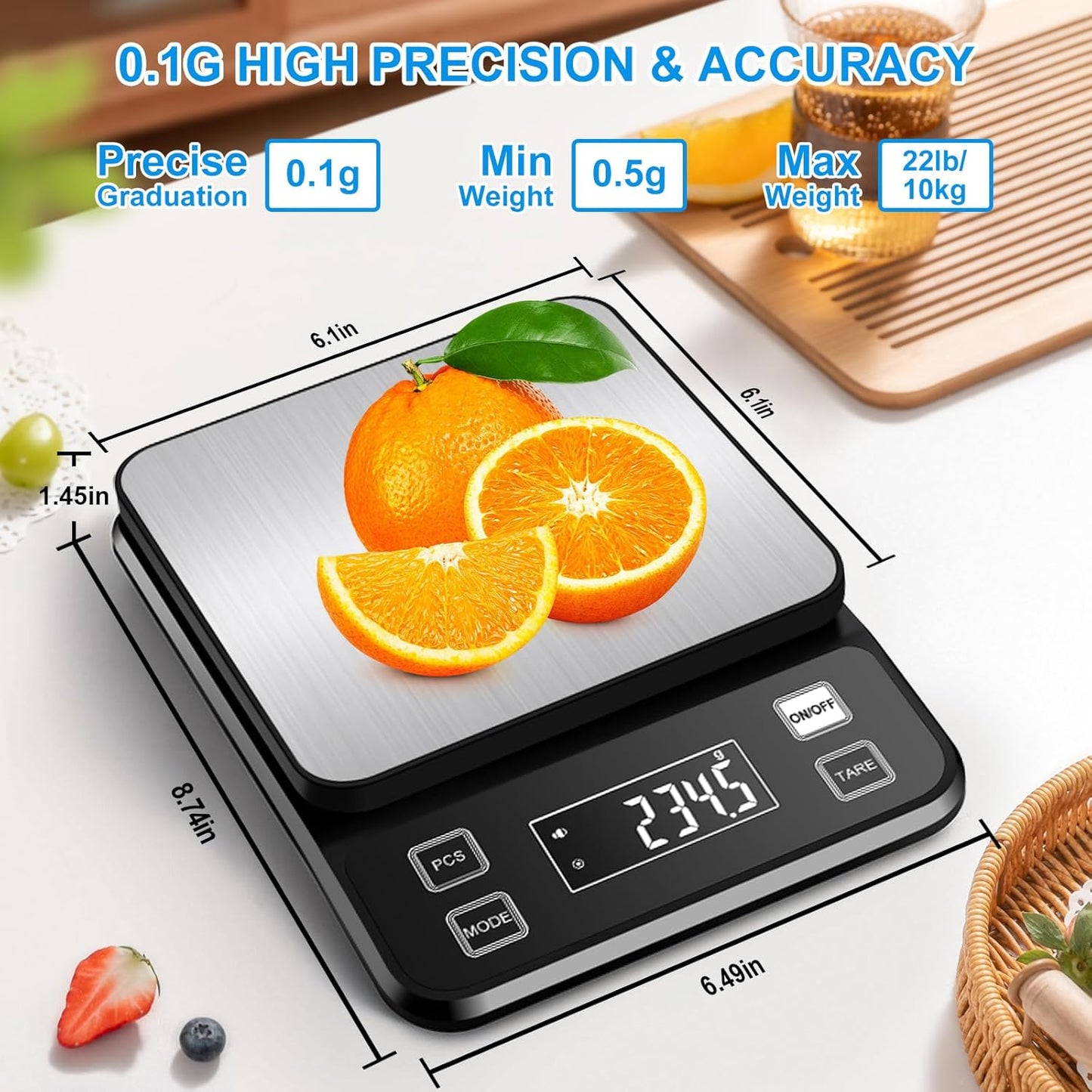 22lb Waterproof IPX67 Kitchen Scale with 0.1g/0.001oz High Precision, Diyife Large Stainless Steel Food Scale, 10 Unit, Washable, Hangable, USB Rechargeable, LCD Display, for Cooking, Baking