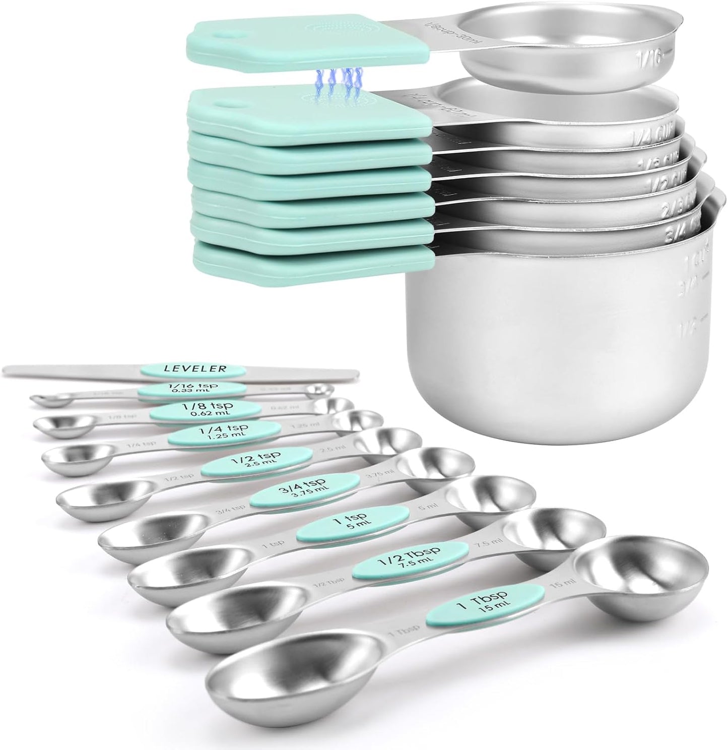 Magnetic Measuring Cups and Spoons Set-Heavy Duty 304 Stainless Steel，Double Measurement Markings，Set of 16 with Leveler for Measure Dry and Liquid Ingredients (Black)