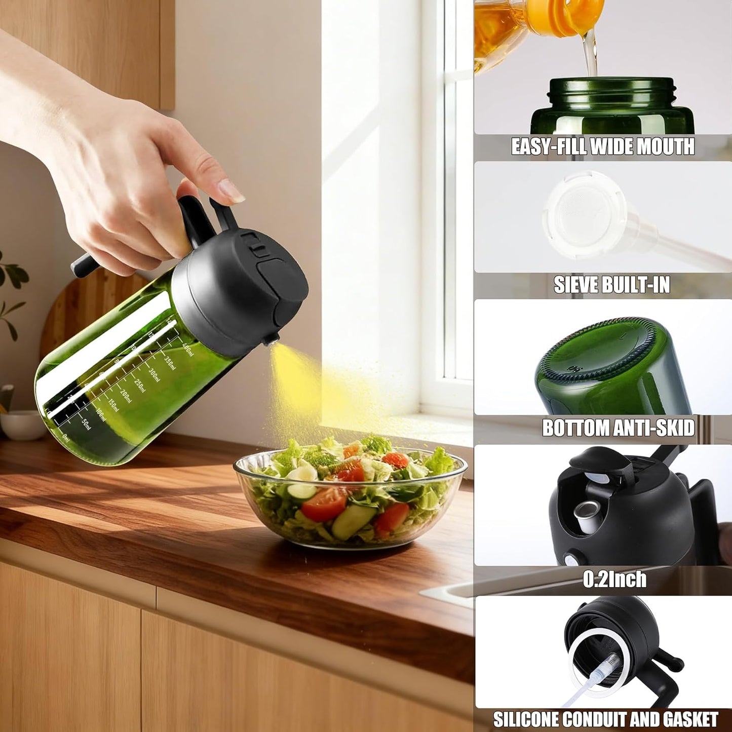 OURCABECUE 2 in 1 Olive Oil Sprayer for Cooking, 16oz/470ml Light-Blocking Dark Olive Oil Dispenser Bottle for Kitchen, Food-Grade Glass Oil Mister with 8 Oil Stickers
