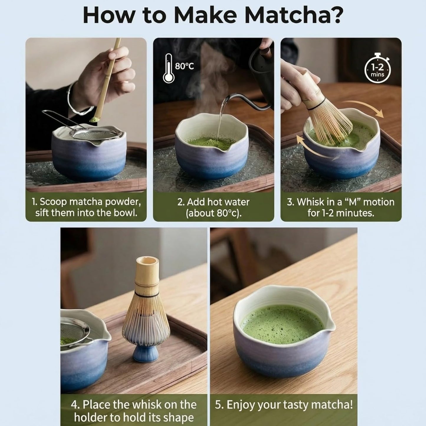 Matcha Whisk Set ,7 Pcs Matcha Set, Matcha Kit for Ceremony, Tradition Tea Set for Making Breakfast/Latte, with 20 OZ Bowl(Chawan)/Whisk and Holder, Valentine's Day Gift for Family/Friend Tea Lovers