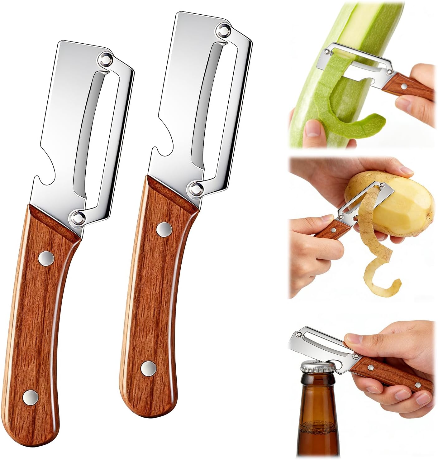 2pcs Premium Vegetable Peeler with Wooden Handle and Bottle Opener, Multifunctional Vegetable Peelers Knife for Kitchen, Ultra-Sharp Stainless Steel Peeler for Fruit Apple Potato Pumpkin Papaya