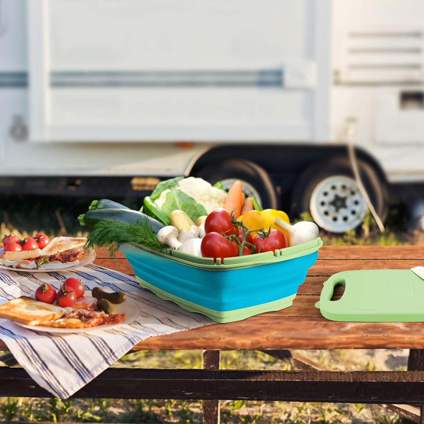 Gintan Camping Cutting Board, 9-in-1 Collapsible Chopping Board with Colander, Kitchen Vegetable Washing Basket for Camping, Camping Gifts Camping Accessories for RV Campers (Gray)