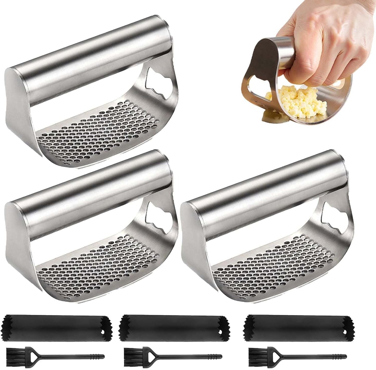 Stainless Steel Garlic Press Rocker, 2026 New Heavy Duty Ergonomic Garlic Crusher Tool with Peeler and Brush for Smash Garlic Built-in Bottle Opener - Easy Kitchen Gadget for Home Cooks (1PC)