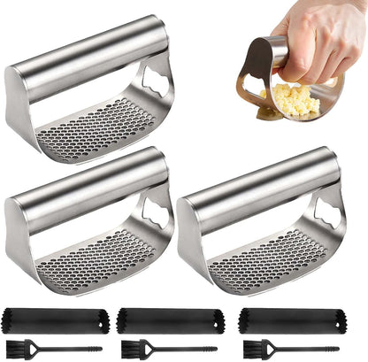 Stainless Steel Garlic Press Rocker, 2026 New Heavy Duty Ergonomic Garlic Crusher Tool with Peeler and Brush for Smash Garlic Built-in Bottle Opener - Easy Kitchen Gadget for Home Cooks (1PC)