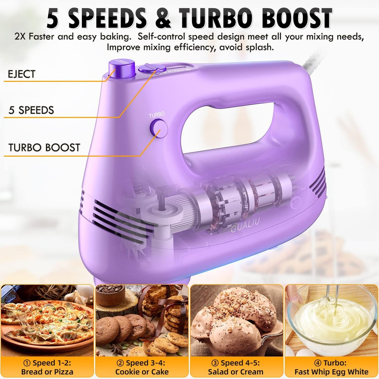 GUALIU Electric Hand Mixer with Stainless Steel Whisk, Dough Hook Attachment and Storage Bag, Handheld Mixer for Baking Cakes, Eggs, Cream Food Mixers. Turbo Boost /5 Speed Kitchen Blender PINK