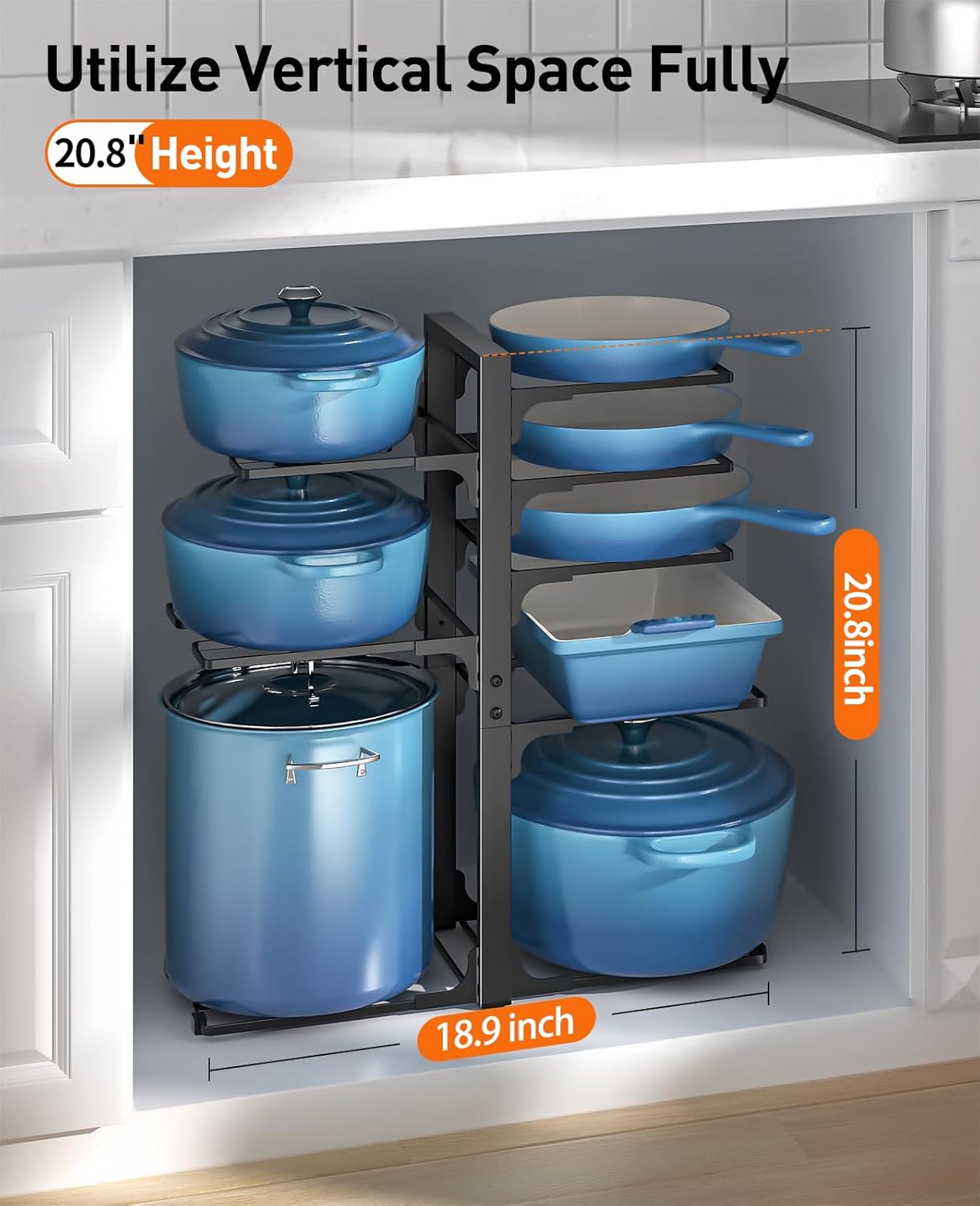 ORDORA Pots and Pans Organizer for Cabinet 16.61 Height, 8 Tier Pot Organizers Rack with 3 DIY Methods, Adjustable Pan Organizer under Cabinet Kitchen Organization and Storage
