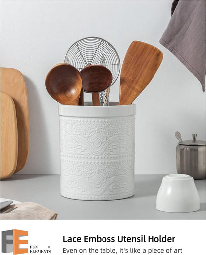 FUN ELEMENTS Kitchen Utensil Holder, 7.2" Super Large Utensil Crock Heavy and Stable Lace Emboss Ceramic Utensil Holder for Kitchen Counter (Bright White)
