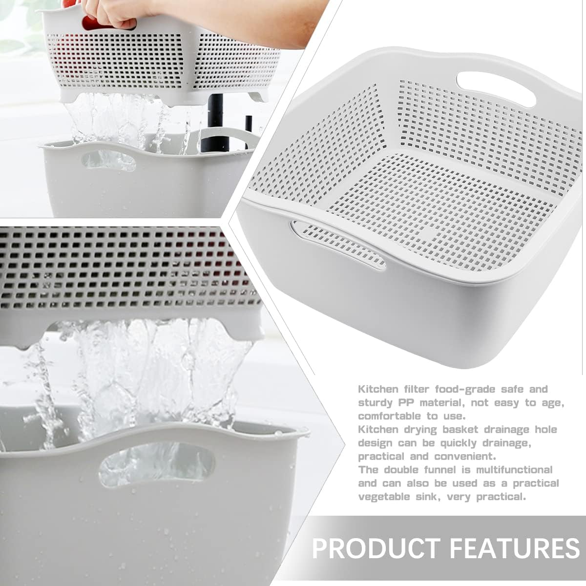 Double-layer Plastic Fruits Vegetable Washing Basket Food Storage Multi-layer Stackable Vegetable Sinks Wash Drain Basket for Kitchen (White)