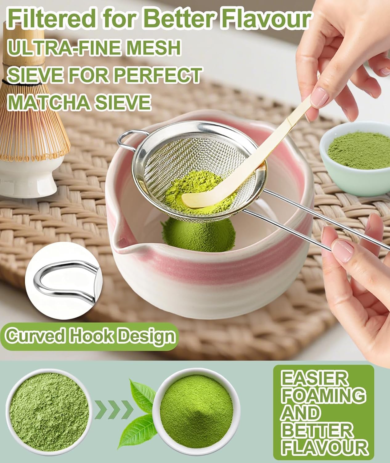 JBER Matcha Whisk Set, Ceramic Matcha Set Includes Bowl & Holder, Bamboo Whisk (Chasen), Sifter, Scoop, Spoon & Rest - 7PCS Matcha Kit Gift for Matcha Lovers & Beginners, Gradient Pink