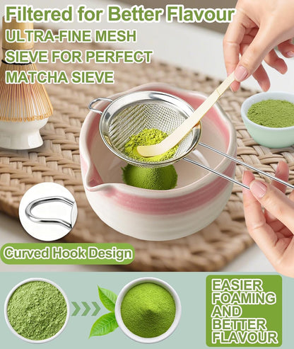JBER Matcha Whisk Set, Ceramic Matcha Set Includes Bowl & Holder, Bamboo Whisk (Chasen), Sifter, Scoop, Spoon & Rest - 7PCS Matcha Kit Gift for Matcha Lovers & Beginners, Gradient Pink