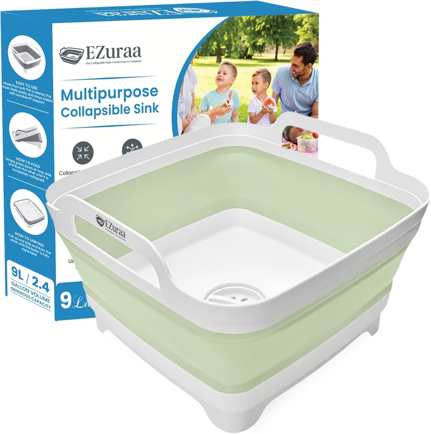 EZuraa 2.4 gal(9L) Gray Collapsible Dish Basin, Portable Sink or Dish Pan for Kitchen Sink with Drain Plug/Strainer, Space Saving Baby Bottle Wash Basin Collapsible Bucket, Beverage Tub for Camping