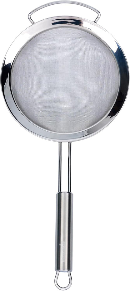 Restaurantware 11.5 in Stainless Steel Fine Mesh Strainer - German Standard Sieve Sifter with Ergonomic Handle, Dishwasher Safe - Reinforced Metal Food Strainer for Quinoa, Soup, Sauce, Baking