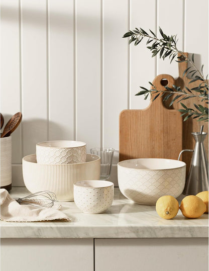 Ceramic Mixing Bowls, Embossed Nesting Bowls Set of 4, Mixing Bowl Set for Serving, Baking, Cooking and Gift, Microwave and Dishwasher Safe, 20/47/99/148 oz, Off-White