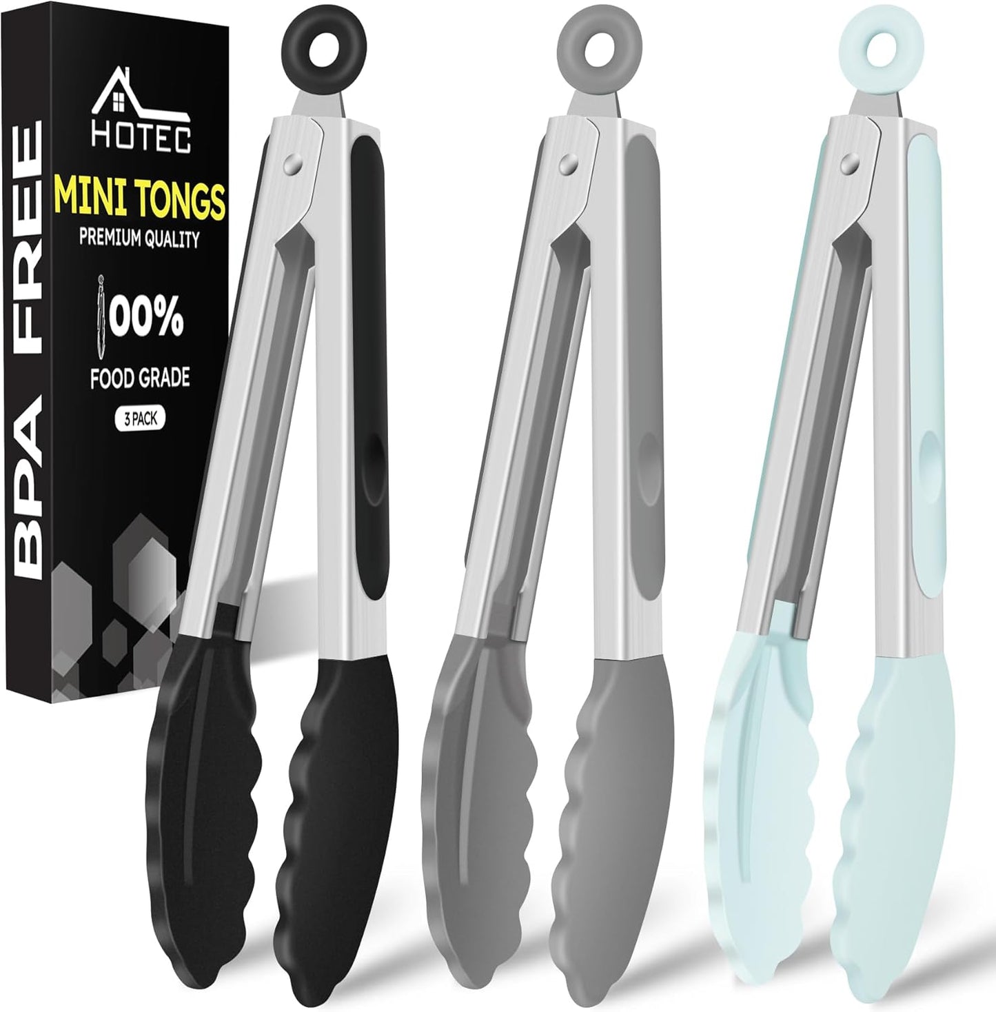 Hotec Silicone Kitchen Tongs for Cooking 9-Inch Serving Tongs with Silicone Tips, Set of 3 (Gradient Blue)
