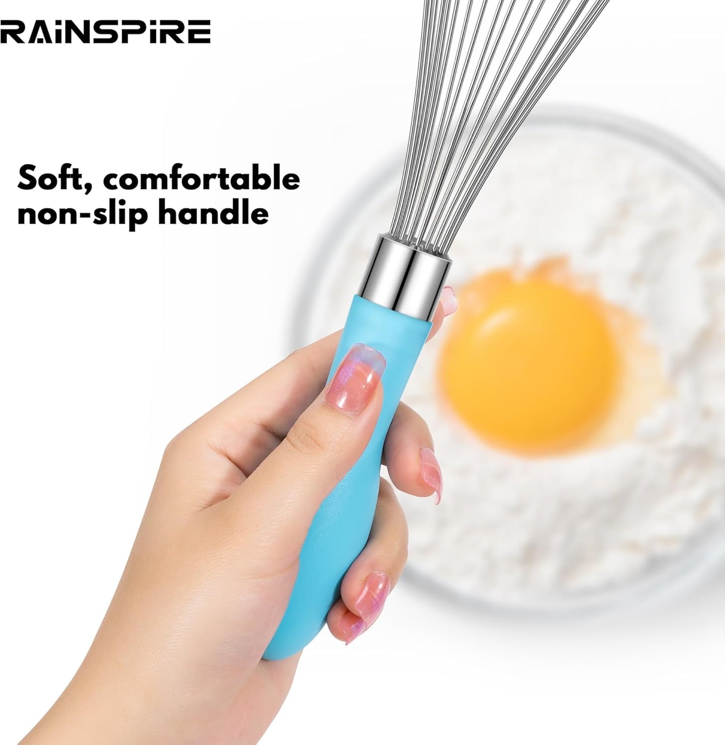 Rainspire 12-Inch Wire Whisk Stainless Steel, Balloon Whisks for Cooking, Wisk Wisking Tool With Soft Silicone Handle, Thick Durable Whisker for Blending, Beating, Whisking, Stirring, Pink