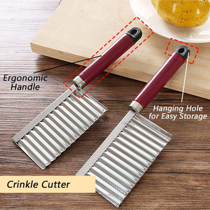 Crinkle Cutter Knife Stainless Steel Cutting Tool for Potato Carrot Chip Vegetable French Fry, Wavy Chopper Wave Slicer Steel Blade, Kids Lunch Accessories (Longer Red Handle)