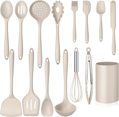 Silicone Cooking Utensil Set, Homikit 15pcs Kitchen Utensils with Holder for Nonstick Cookware, Heat Resistant Nontoxic Silicone Spatula Set Dishwasher Safe Kitchen Tools for Baking-Black