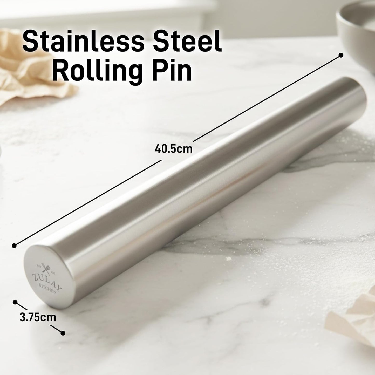 Zulay Kitchen 15.9 inch Professional Stainless Steel Rolling Pin - Lightweight Metal French Rolling Pin - Perfect for Baking, Fondant, Pizza Dough Roller, Dumpling